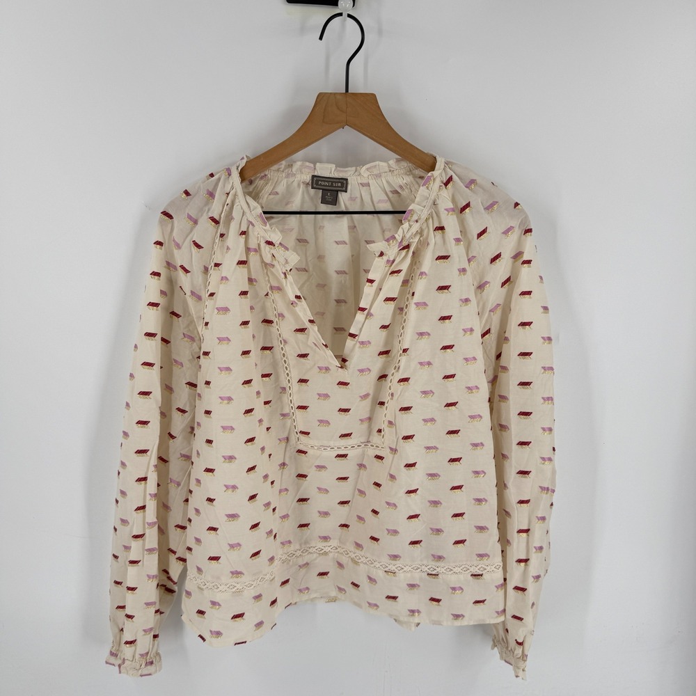 Point Sur Long Sleeve Blouse Cream L Embroidered Boho Peasant Top